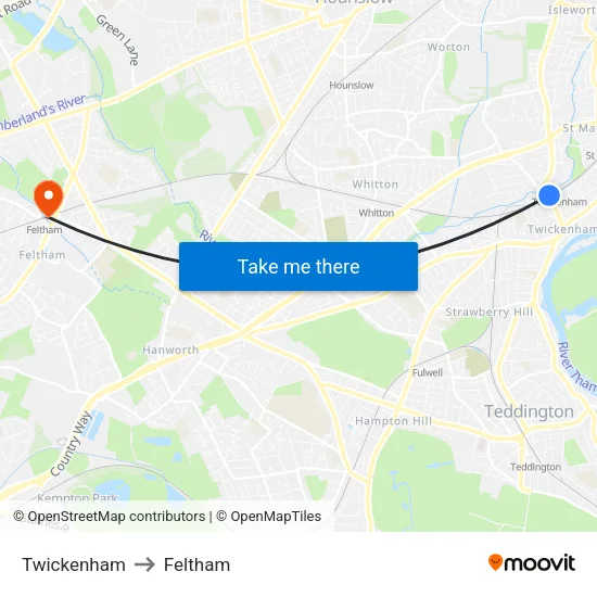 Twickenham to Feltham map