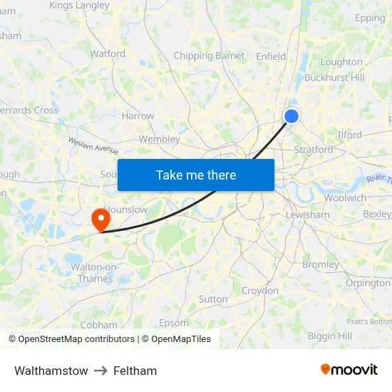 Walthamstow to Feltham map