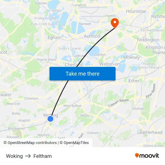 Woking to Feltham map