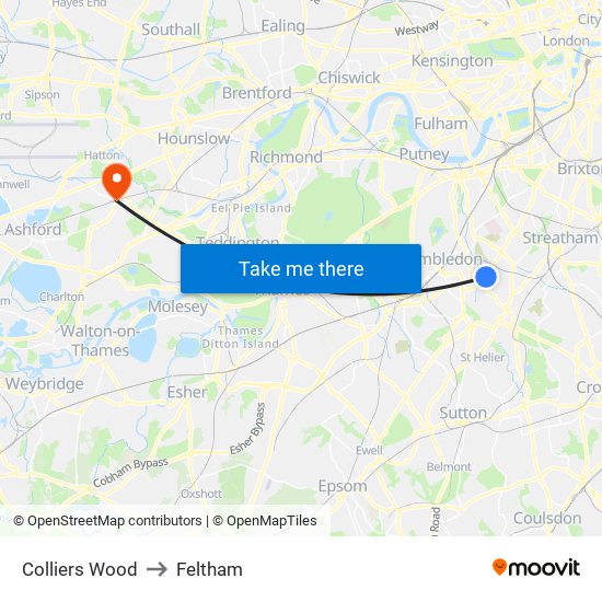Colliers Wood to Feltham map