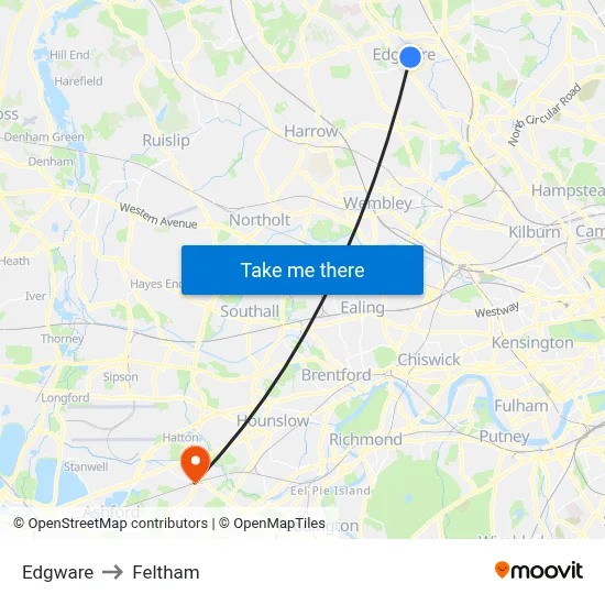 Edgware to Feltham map
