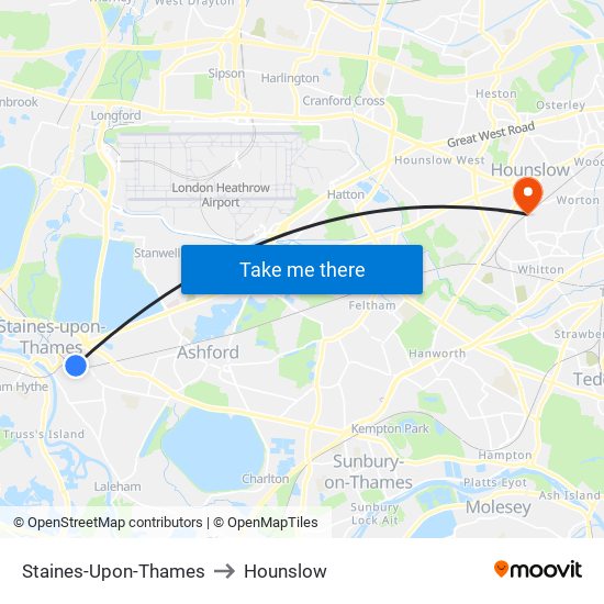 Staines-Upon-Thames to Hounslow map