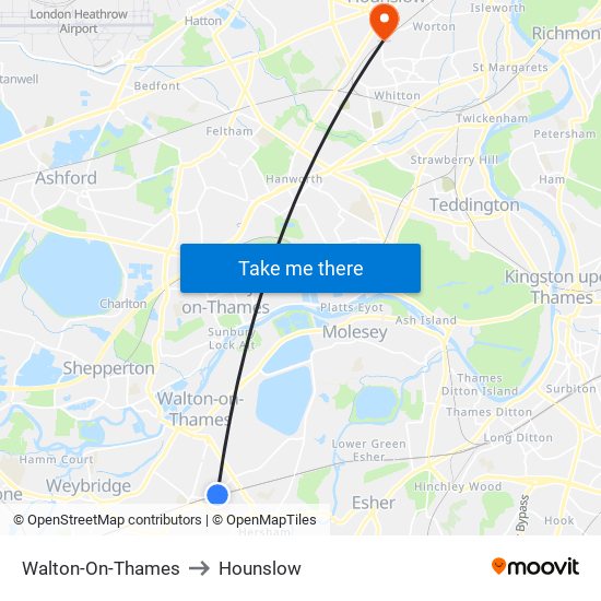 Walton-On-Thames to Hounslow map