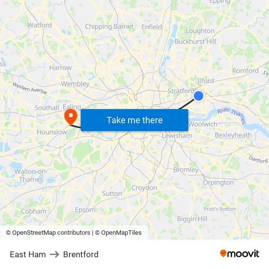 East Ham to Brentford map