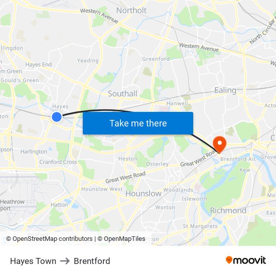 Hayes Town to Brentford map