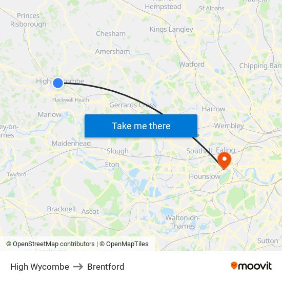 High Wycombe to Brentford map