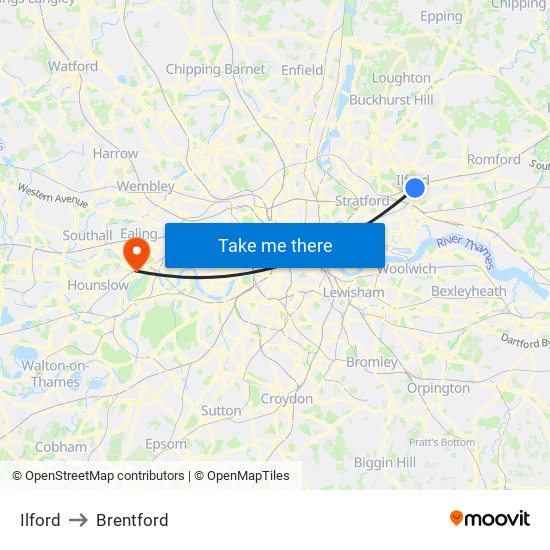 Ilford to Brentford map