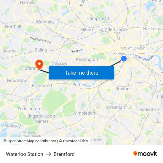 Waterloo Station to Brentford map