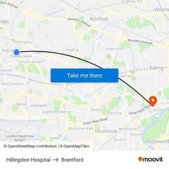 Hillingdon Hospital to Brentford map