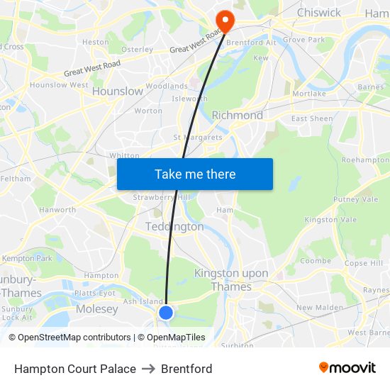 Hampton Court Palace to Brentford map