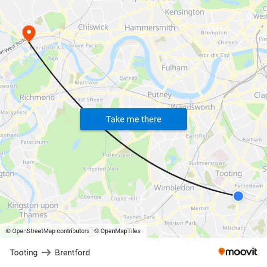 Tooting to Brentford map