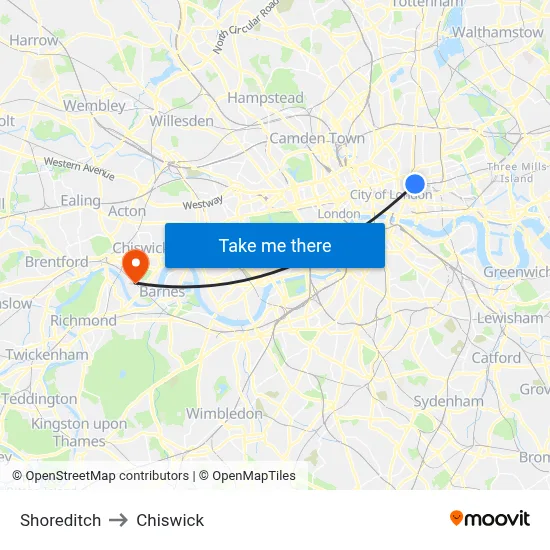 Shoreditch to Chiswick map
