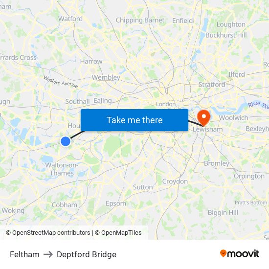 Feltham to Deptford Bridge map