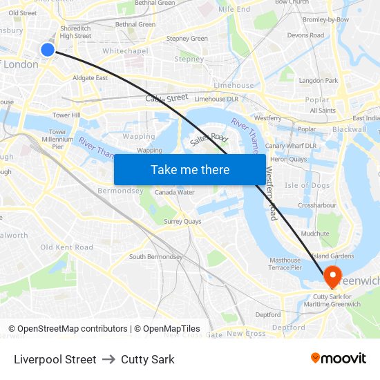 Liverpool Street to Cutty Sark map