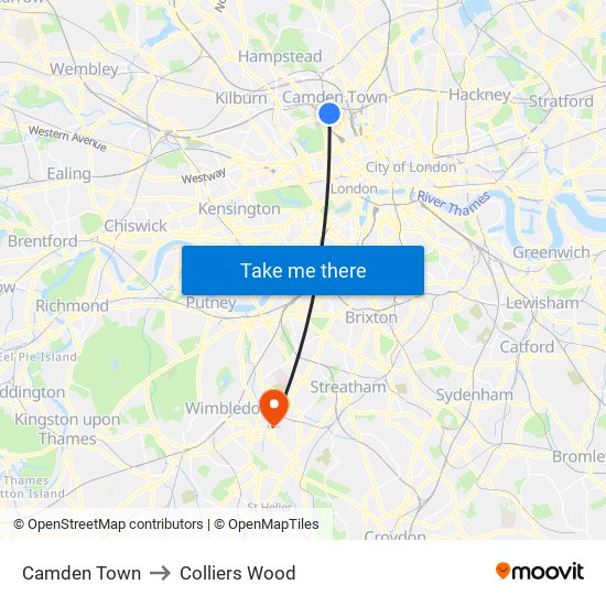 Camden Town to Colliers Wood map