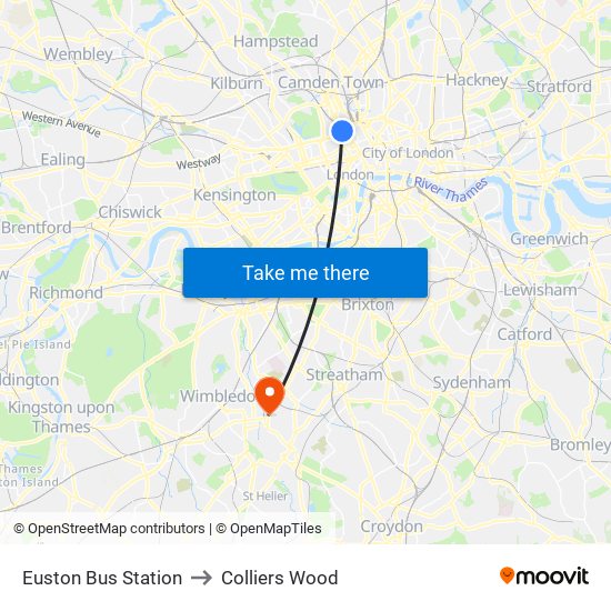 Euston Bus Station to Colliers Wood map