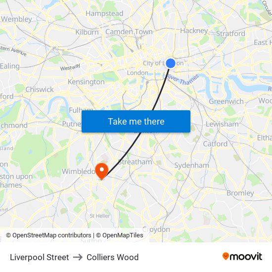 Liverpool Street to Colliers Wood map