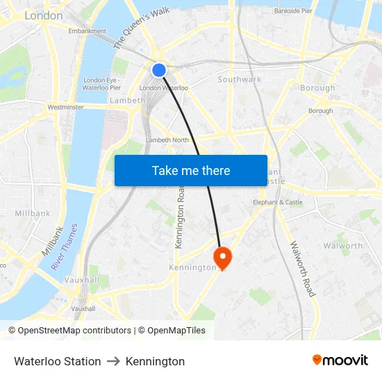Waterloo Station to Kennington map