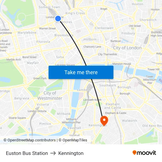 Euston Bus Station to Kennington map