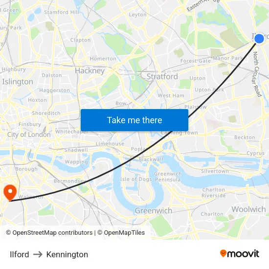 Ilford to Kennington map