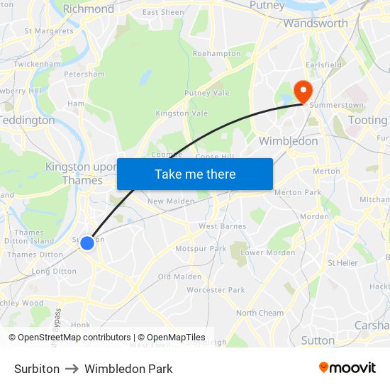 Surbiton to Wimbledon Park map