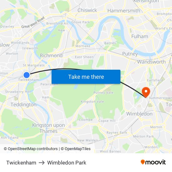 Twickenham to Wimbledon Park map