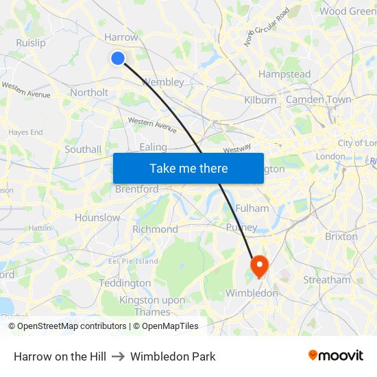 Harrow on the Hill to Wimbledon Park map