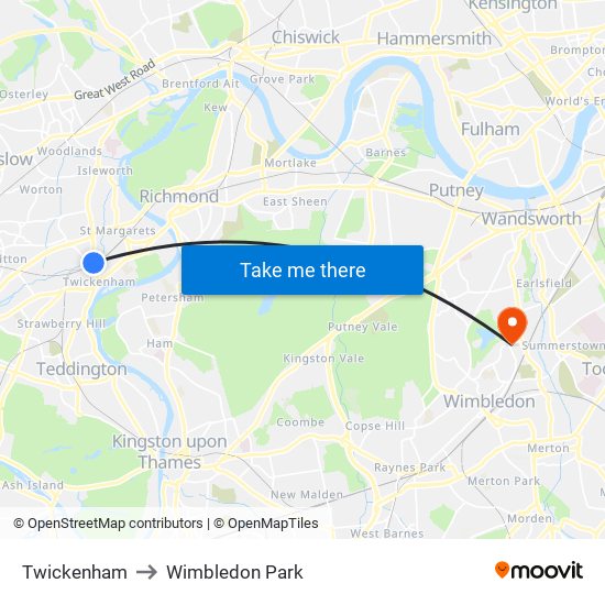 Twickenham to Wimbledon Park map