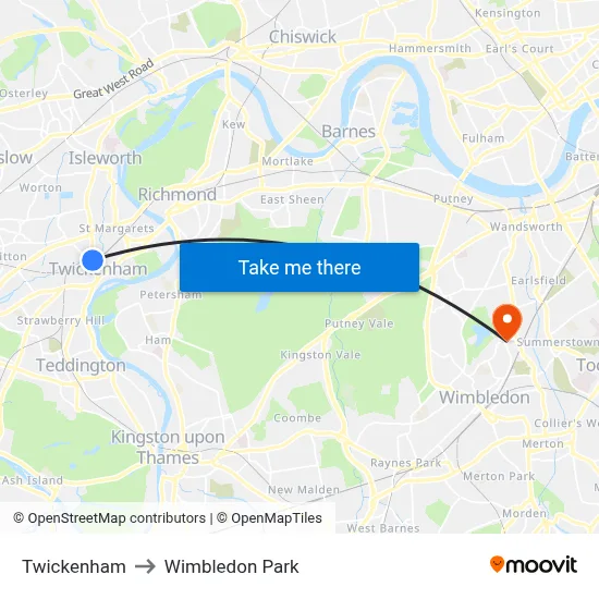 Twickenham to Wimbledon Park map