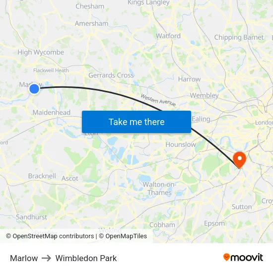 Marlow to Wimbledon Park map