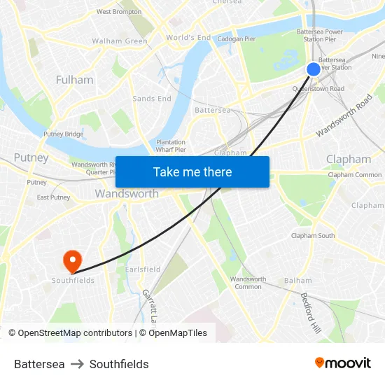 Battersea to Southfields map