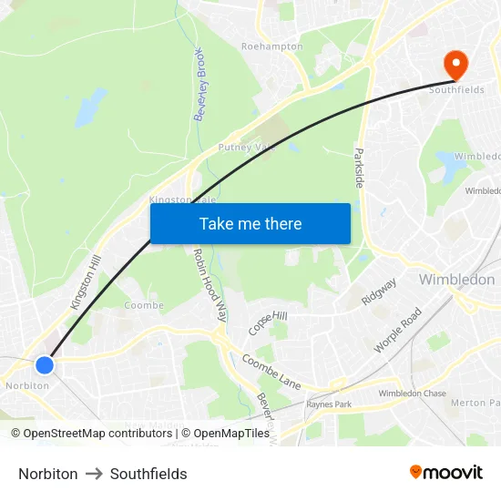 Norbiton to Southfields map