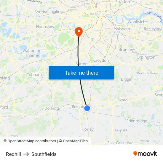 Redhill to Southfields map