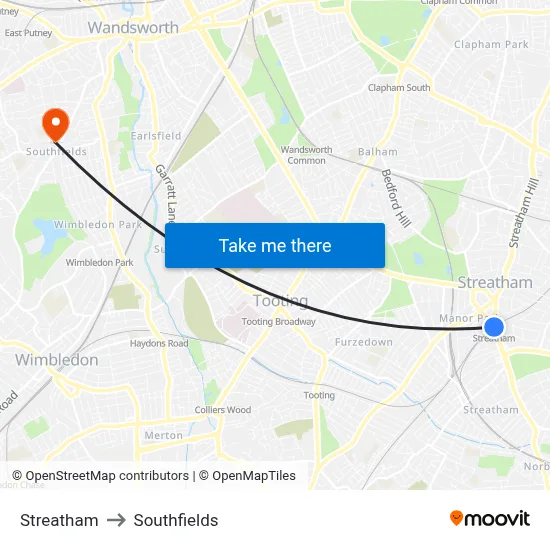 Streatham to Southfields map