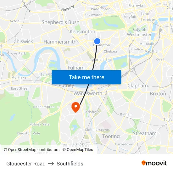 Gloucester Road to Southfields map