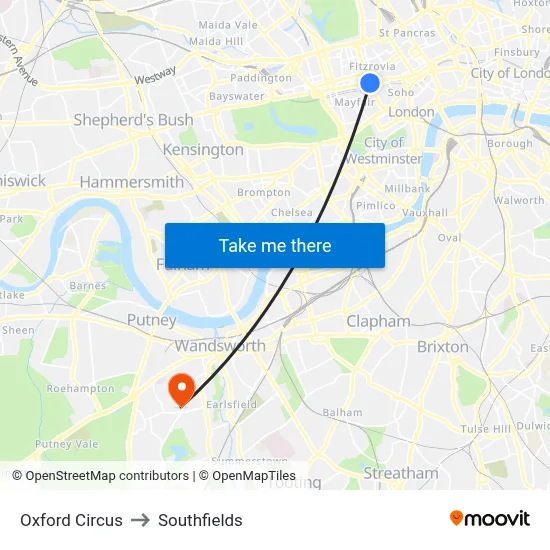 Oxford Circus to Southfields map