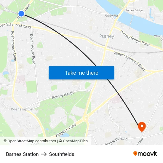 Barnes Station to Southfields map