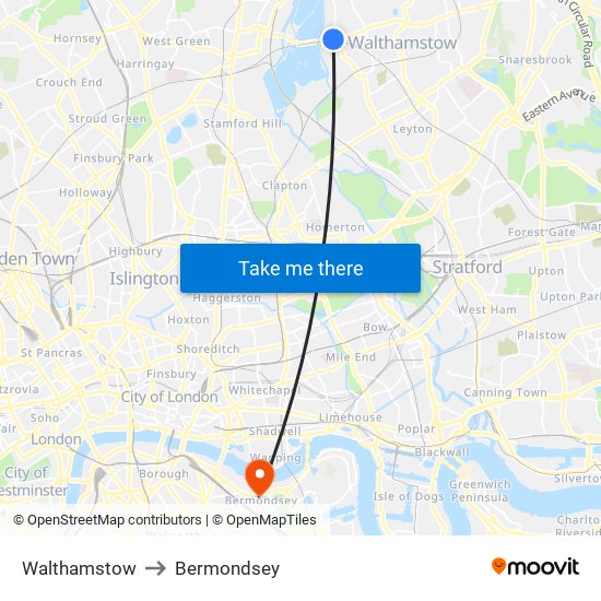 Walthamstow to Bermondsey map