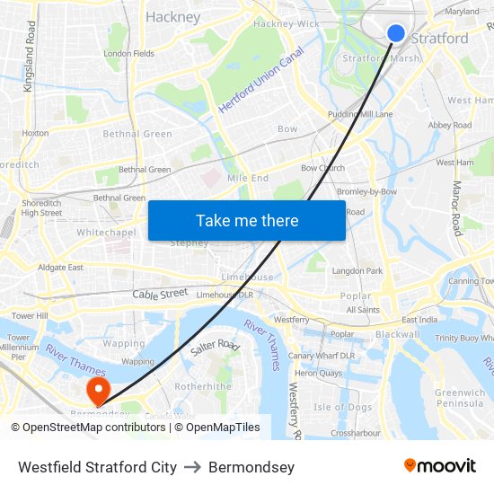 Westfield Stratford City to Bermondsey map