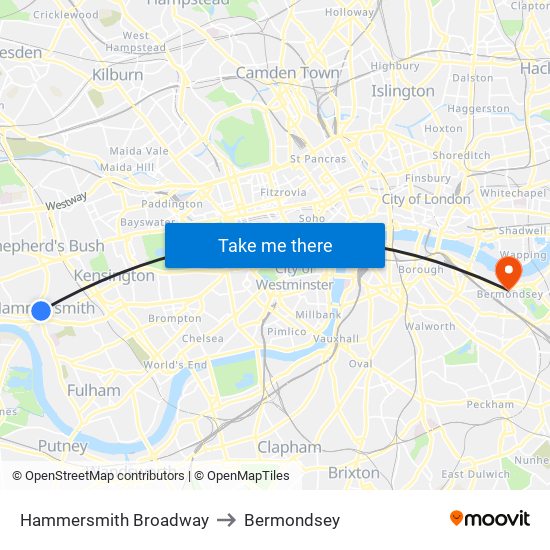 Hammersmith Broadway to Bermondsey map