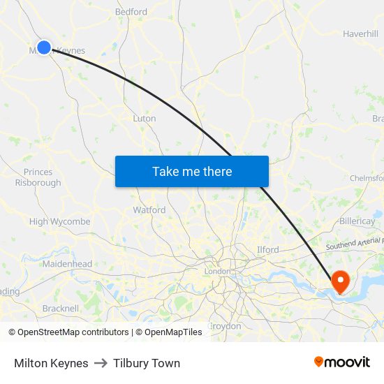 Milton Keynes to Tilbury Town map
