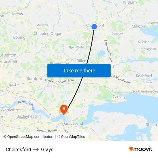 Chelmsford to Grays map