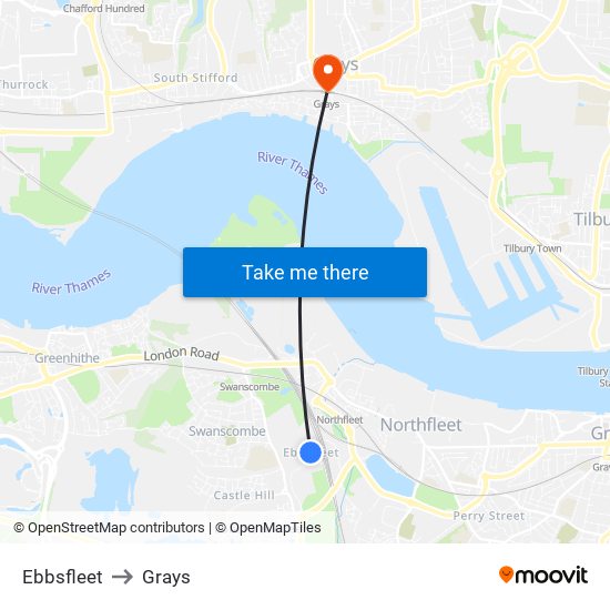 Ebbsfleet to Grays map