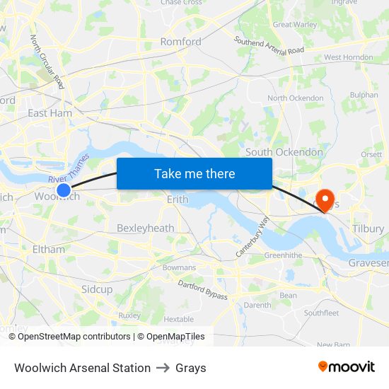 Woolwich Arsenal Station to Grays map