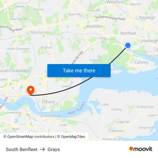 South Benfleet to Grays map