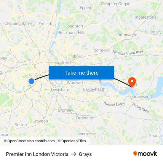 Premier Inn London Victoria to Grays map