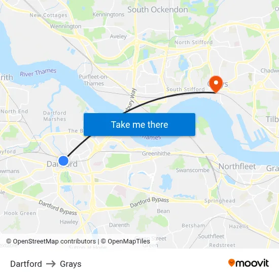 Dartford to Grays map