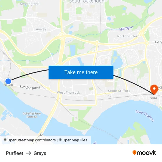 Purfleet to Grays map