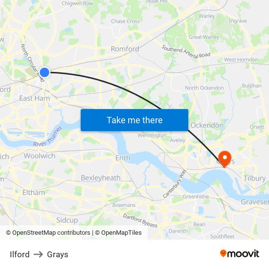 Ilford to Grays map