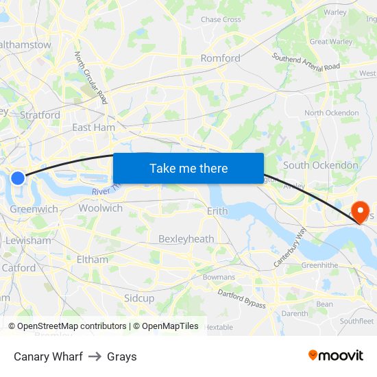 Canary Wharf to Grays map